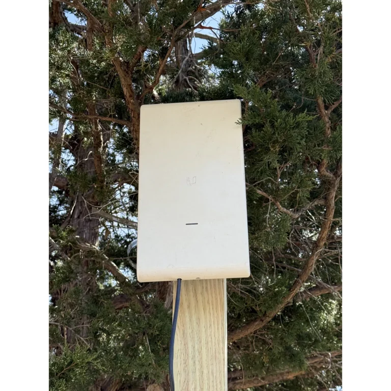 Outdoor network enclosure or mounted device installed near trees.