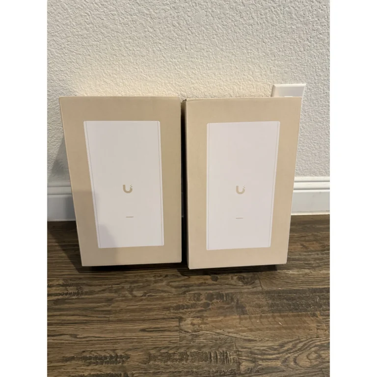 UniFi equipment boxes staged indoors before installation.
