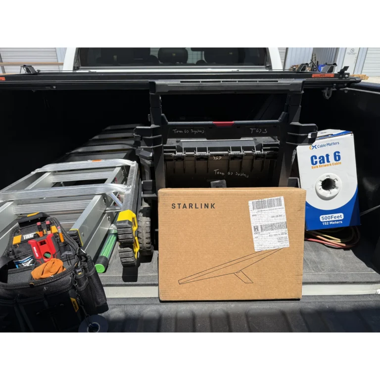 Starlink and project equipment staged in a service truck for field work.