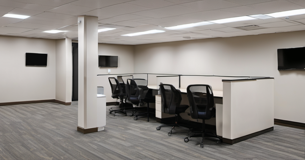 Prepared small-business office before move-in with workstations and network-ready infrastructure.